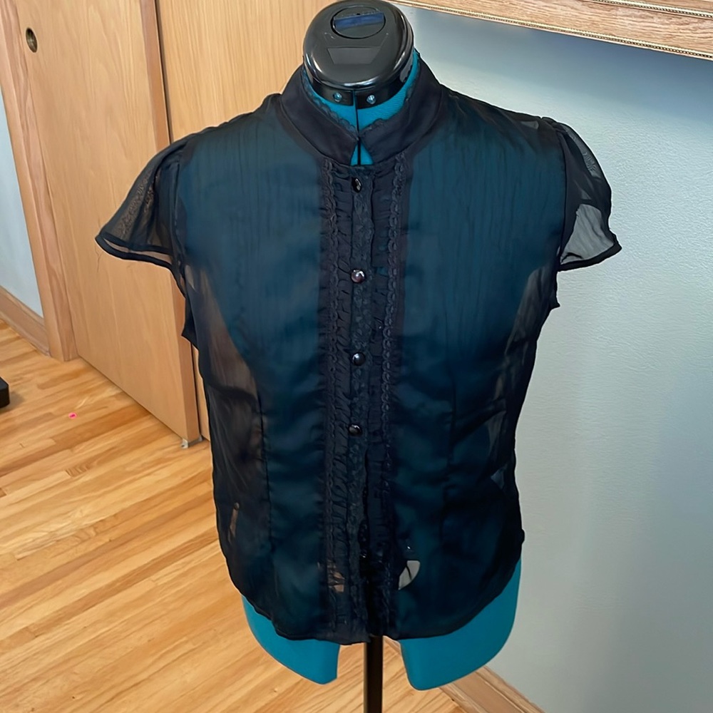 Tatyana Sheer Black Ruffled Button-Front Blouse